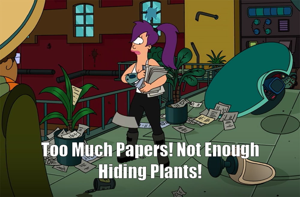 Futurama meme, leela trying to hide papers around the office in hermes absence